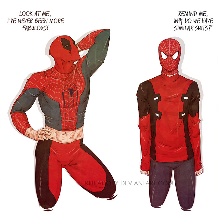 ribkadory:  In a hurry - Spideypool by ribkaDory That’s what happens when you try