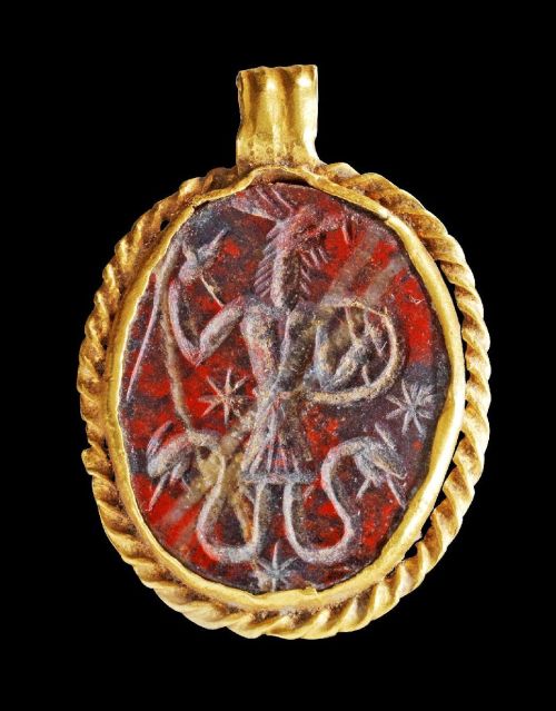 archaicwonder:Roman Magic Abraxas Amulet, 2nd-3rd Century ADAbraxas was an Egyptian Gnostic solar de
