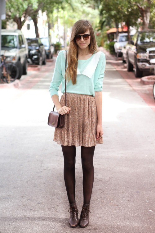 Black sheer tights, brown boots, pleated vintage pink skirt and teal cardigan