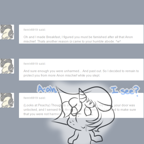 questions-for-peachy:  Peachy: …Shenanigans ensued. A-as I said, you didn’t miss anything. Really.(Feat. fenrir8919)  So cute <3 Shippyshippyship~ X3
