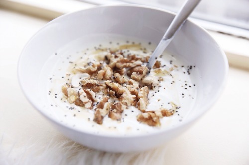 Soy yoghurt, walnuts &amp; chia. Sweetened with a teaspoon of honey. Good morning :).