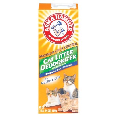 I use this on a daily basis for my cat. Arm & Hammer Cat Litter Deodorizer works wonders for eliminating the smell of cat business. This is available at many retailers, including Target, K-Mart and Kroger.