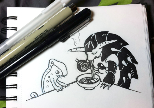 spellbot:Inktober day 3, still just drawing weird fictional critters: we’re “dining with Denjuu!”