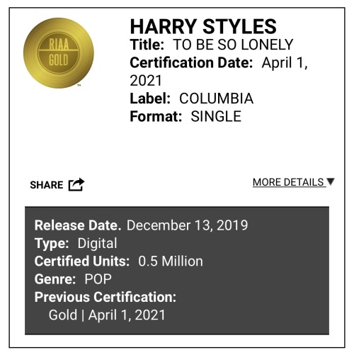 stylesnews:To Be So Lonely has been RIAA certified gold for selling over 500k units in the US - 01/0