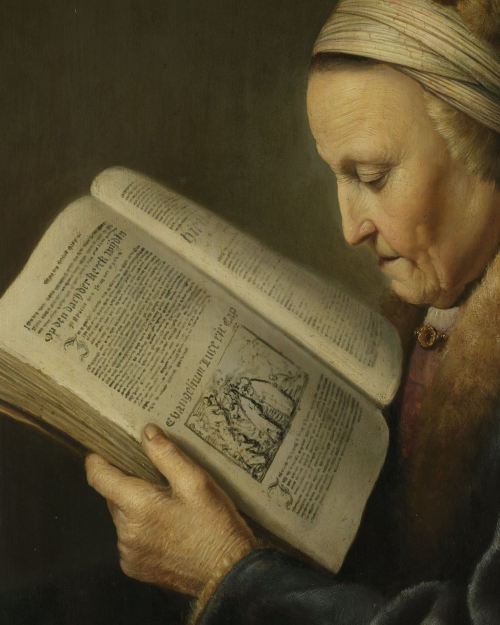 art-of-darkness: Gerard Dou — Old Woman Reading, 1632.  Painting: Oil on panel, 71 x 55.5