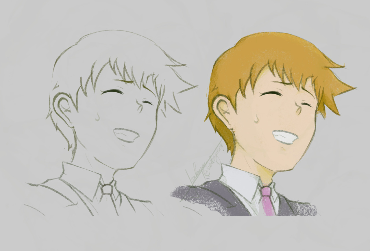 A sketched portrait of Reigen Arataka. He is smiling with a cutesy nervous expression. The drawing on the left is the same as the one on the right, without colours or shading.