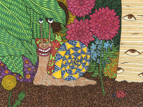 monsters-and-molotovs:  © 2012 sarah bower.  “snail’s eye view”  Marker on paper, 9 x 12 inches. 