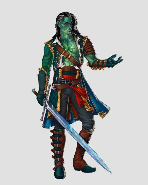 Fjord Stone in a sleeveless knee-length coat and a wide-open shirt. He has an Uk'otoa-themed tattoo across his right arm and chest.