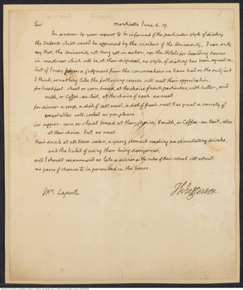 Thomas Jefferson lays out guidelines for student meals at the University of Virginia, 1819.Autograph