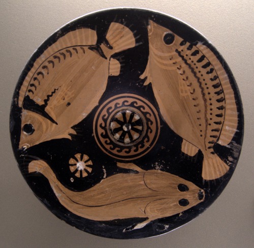 lionofchaeronea:Apulian red-figure fish plate.  Attr. to the Group of Karlsruhe 66-140; ca. 350-325 