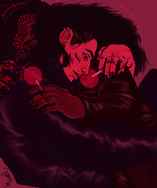 a drawing of two figures laying on eachother in a close embrace. both are wearing leather jackets, and holding cigarettes, their heads resting on eachothers shoulders. the entire scene is done in heavy reds, purples, and pinks.