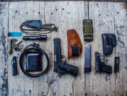 thatonegunblog:  My EDC (Every Day Carry)I like backups, I have a primary and a backup everything, Primary and backup pistol, primary and backup knife, flashlight is primary light source, lighter is secondary. Lighter is primary fire starting method,