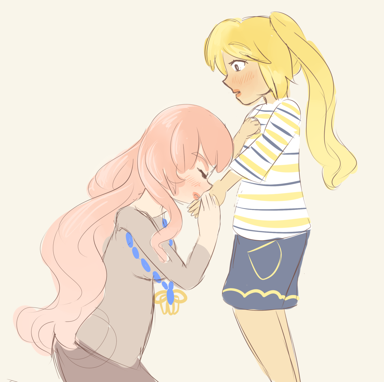 pastellrain:  @dashingicecream luka is kissing neru’s hand in a moment of weakness