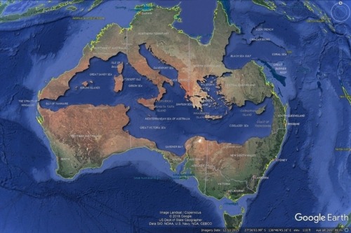 shoutmachine:leningrad-oblast:mapsontheweb:The Mediterranean Sea perfectly fits inside Australia.Aus