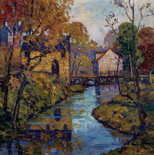 wonderingaboutitall:Houses Along A Stream, Early Autumn - Fern Isabel Coppedge