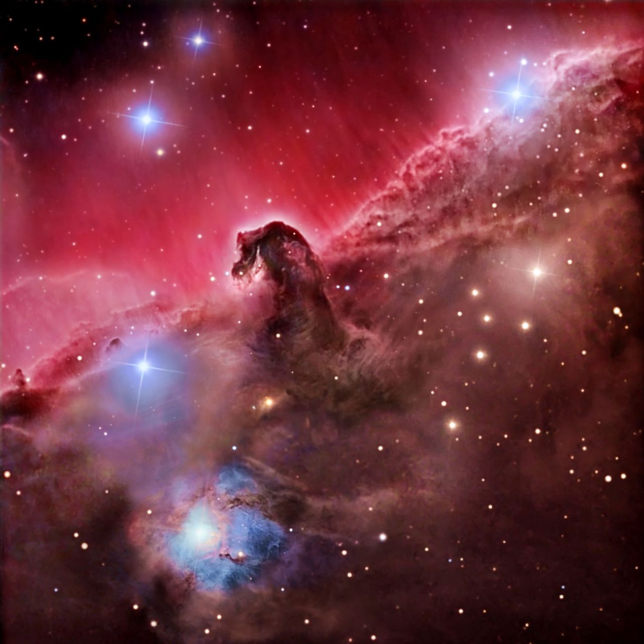 Horsehead Nebula & blue reflection nebula NGC 2023 in the constellation Orion