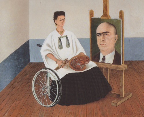leuc:  Frida Kahlo, Self portrait with portrait of Dr. Farill, 1951.ph Gisèle FreundKahlo poses in a wheelchair, with palette and brushes, with the doctor who performed her seven spinal operations the year before. In the painting next to them, she uses