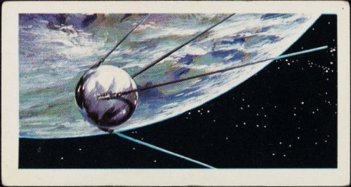 humanoidhistory: Sputnik 1 in a trading card from Brooke Bond Tea, illustrated by David Lawson, UK. 