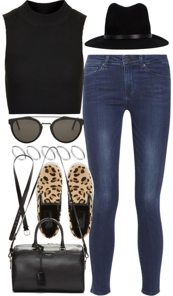 Outfit with leopard slip-on shoes by ferned featuring silver jewelry
Topshop black crop top, 40 AUD / Paige Denim blue jeans, 105 AUD / Bertie flat shoes, 71 AUD / Yves Saint Laurent leather purse, 2 285 AUD / ASOS silver jewelry, 17 AUD /...