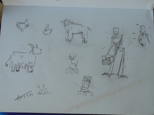 depictions of a variety of minecraft mobs.
from left to right, top to bottom:
chicken, chicken (sitting), sheep, enderman, enderman (angry), goat, creeper, silverfish, another creeper