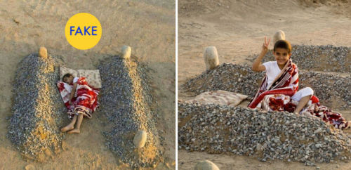 Is this a young Syrian child sleeping next to the graves of his dead parents?The photo on the left h