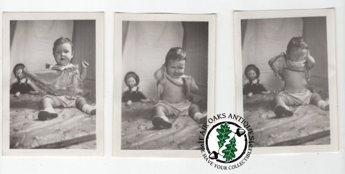 A trio of vintage snapshots featuring a baby who does NOT like her outfit. Her doll watches without 