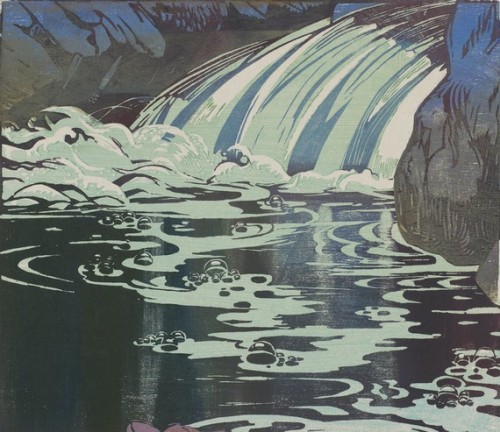 thunderstruck9: Mabel Royds (English, 1874-1941), Waterfall, c.1938. Colour woodcut.