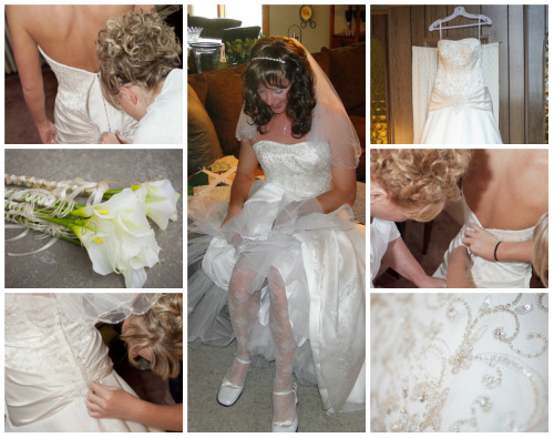 Mom helping to put on sisters wedding dress