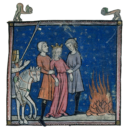 hrothgar:Detail of a miniature of Lancelot rescuing Guinevere from burning at the stake, with grotes