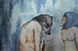 eatsleepdraw:  Full Moon and Deep Breaths 2’2” x 3’3” watercolours, pen, colored pencil 2012 My idea for this painting began from thinking about how your lover can change, metaphorically, into another kind of animal. the yellow bird sewn into