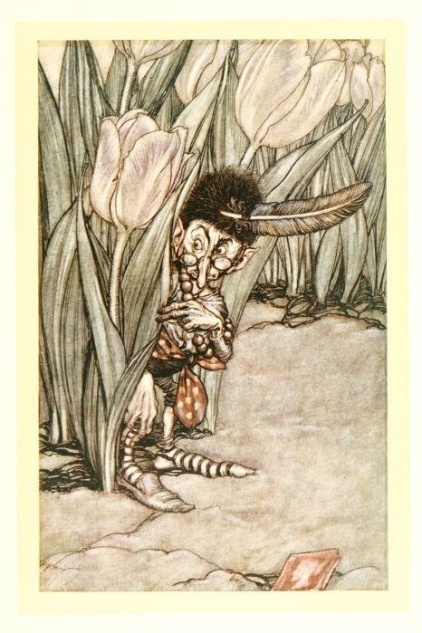 When he heard Peter’s voice he popped in alarm behind a tulip, Arthur Rackham