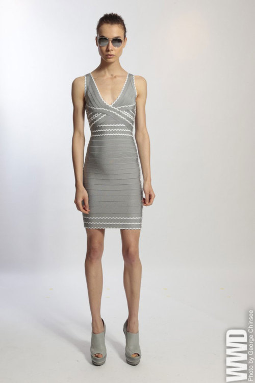 womensweardaily:  Hervé Léger by Max Azria Resort 2014 With visions of Bond Girl Ursula Andress, Lubov Azria offered up scuba shapes accented with heat-pressed netting.  For More