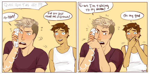 aymmichurros:  i just wanted to draw Jean talking in french   ¯\_(ツ)_/¯ ft. mama and Eren (the translation is on each page and also thanks rob for helping me with french holy crap) and yeah he mixed up languages and cursed Eren in french