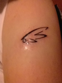 redbloodedwinchester:  Okay so when I said I’d post pictures after I got the tattoos I didn’t take into account the fact that they’d be kinda bloody and shiny from the stuff I have to put on them.   But yeah this is what I got- one wing on each