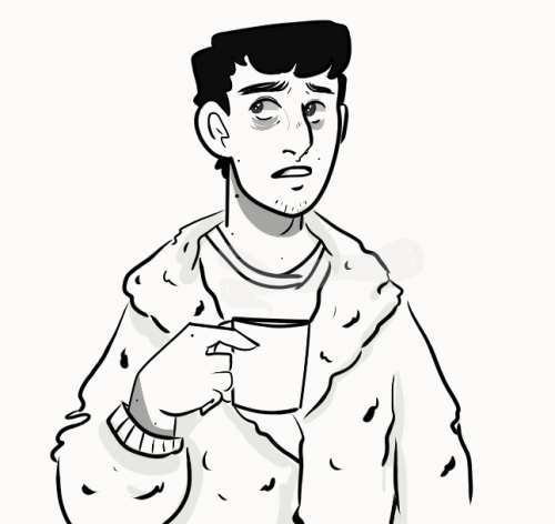 spacerangersam:Arthur Dent [ID: A waist up drawing of a man holding a cup of tea. He’s sl