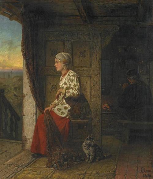  Rudolf Jordan (1810–1887)A Young Woman and an Old Fisherman by the Fireplace, 1876