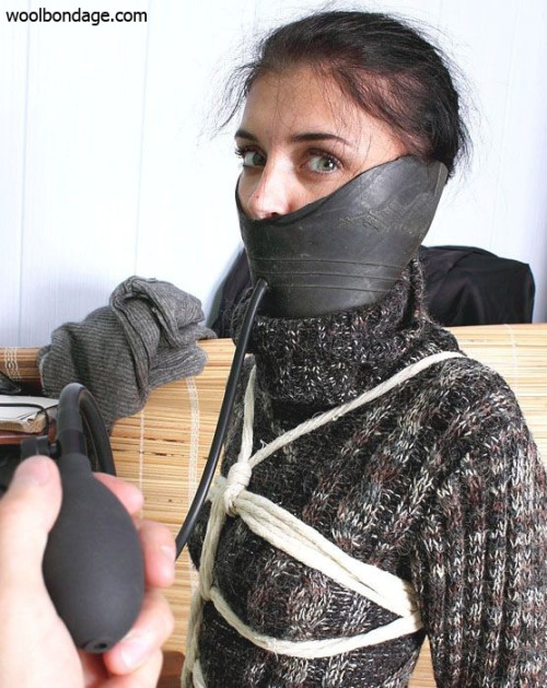 woolbondage:woolbondage slave Sabina gagged and pumped in pure wool itchty sweater fixed with tigh