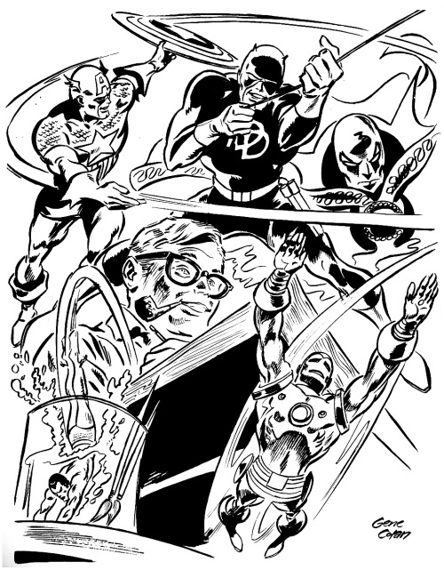 spaceshiprocket:  Comic book artists self portraits: - Neal Adams - Jordi Bernet - John Buscema - Sal Buscema - Gene Colan - Will Eisner - Jack Kirby - Joe Kubert - John Romita Sr.  - Alex Toth 