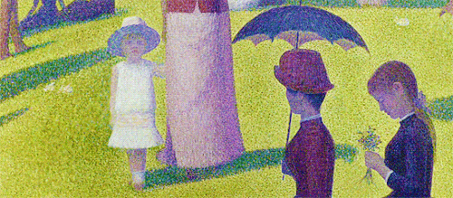 babeimgonnaleaveu:  As Ferris and Sloane kiss in front of a stained-glass window, Cameron concentrates on George Seurat’s painting “A Sunday Afternoon on the Island of La Grande Jatte”. Explaining the pointillist style — and moviemanking, teenage