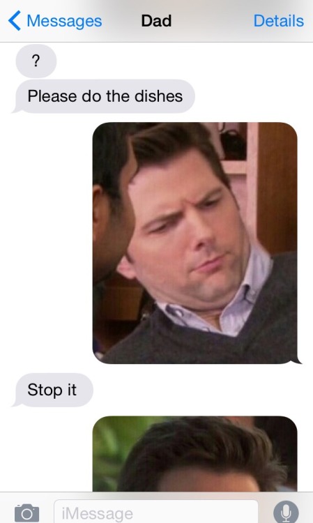 juliawiinchester:I’ve decided I’m only going to answer my dads texts with pictures of Ben Wyatt