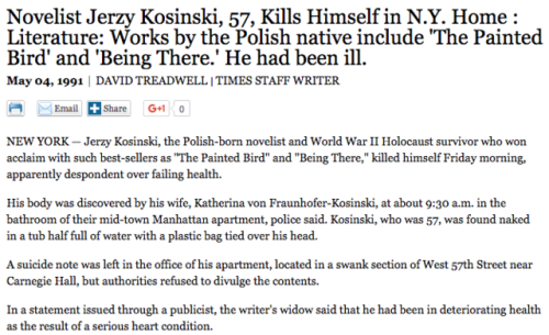 39adamstrand:On 2 May 1991 Jerzy Kosiński attended a party at Gay Talese’s home in New York Ci