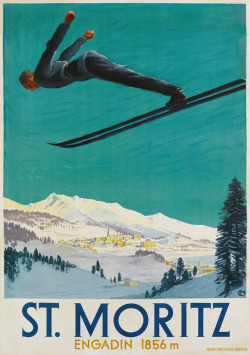 vintageski:  St. Moritz, Switzerland. Painted by Carl Moos in 1924.