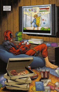 This is a perfect depiction of my girlfriend playing Skyrim on her Xbox eating pizza and drinking coke, as 1 of her fav comic book characters.