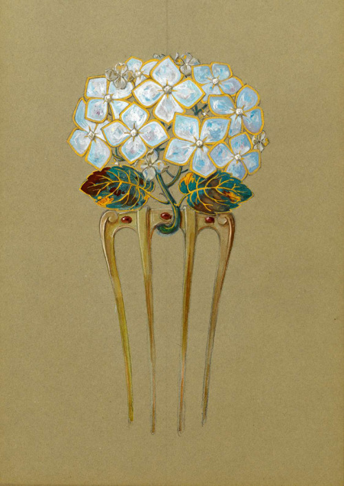 Eugène Grasset, Design drawing for a Comb in the form of a Hydrangea flower, 1900. Gouache, watercol