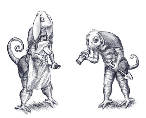 Zygodactyle armadillo-chamelion people with whiskers and bunny ears.