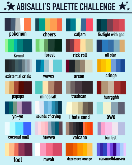 abisalli:SEND ME A CHARACTER + EMOTION/COLOR PALETTE (OR BOTH)feel free to reblog and use them yours