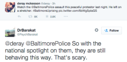 revolutionarykoolaid:  No Justice, No Peace (5/3/15): The police cracked down on late night protesters, imposing a curfew that only seemed to be in place in black communities across Baltimore. With dozens arrested, even more pepper-sprayed, the mayor