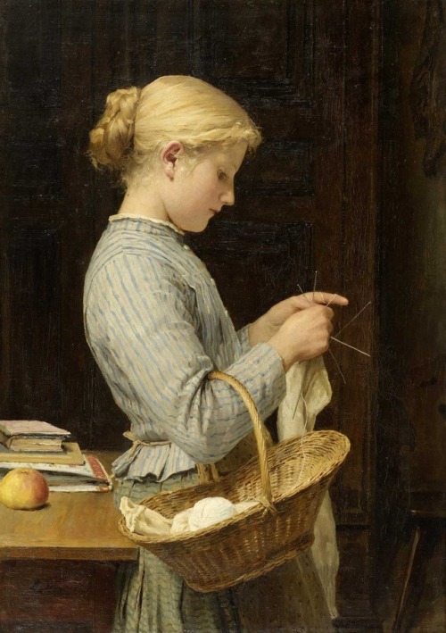 artist-anker: Strickendes Mädchen, 1888, Albert Anker