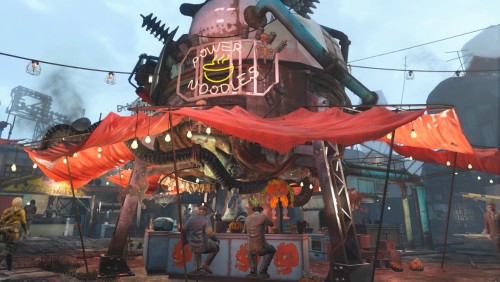 10.31.2287, Halloween in Diamond City[Image ID: A screenshot of the Power Noodles stand in the middl