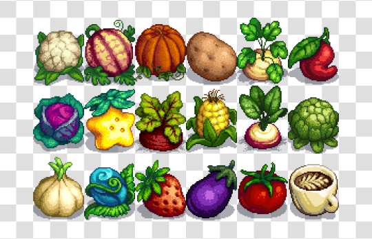 Pixel art sheet of large versions of crops from the game Stardew Valley. This sprite sheet includes ancient fruit, star fruit, and a giant cup of coffee.